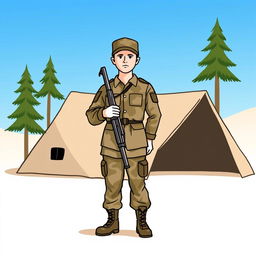 A simple military drawing featuring a soldier in uniform, standing at attention with a rifle slung over his shoulder