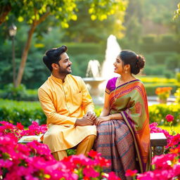 A romantic scene featuring a young Indian couple in a beautiful garden