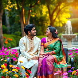 A romantic scene featuring a young Indian couple in a beautiful garden