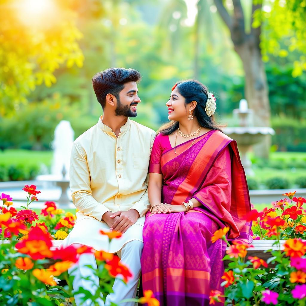 A romantic scene featuring a young Indian couple in a beautiful garden