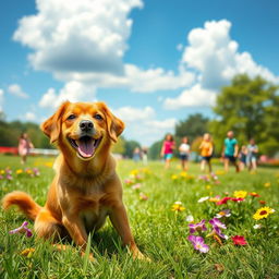 A cute and playful brown dog with floppy ears and a wagging tail, sitting happily in a sunny park filled with vibrant green grass and colorful flowers