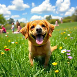A cute and playful brown dog with floppy ears and a wagging tail, sitting happily in a sunny park filled with vibrant green grass and colorful flowers