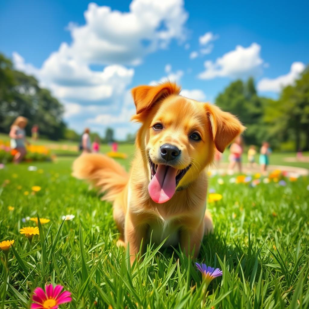 A cute and playful brown dog with floppy ears and a wagging tail, sitting happily in a sunny park filled with vibrant green grass and colorful flowers