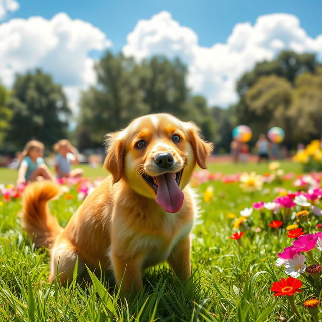 A cute and playful brown dog with floppy ears and a wagging tail, sitting happily in a sunny park filled with vibrant green grass and colorful flowers