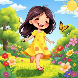 A colorful and vibrant illustration of a cheerful and playful young girl enjoying a sunny day in a beautiful garden filled with flowers