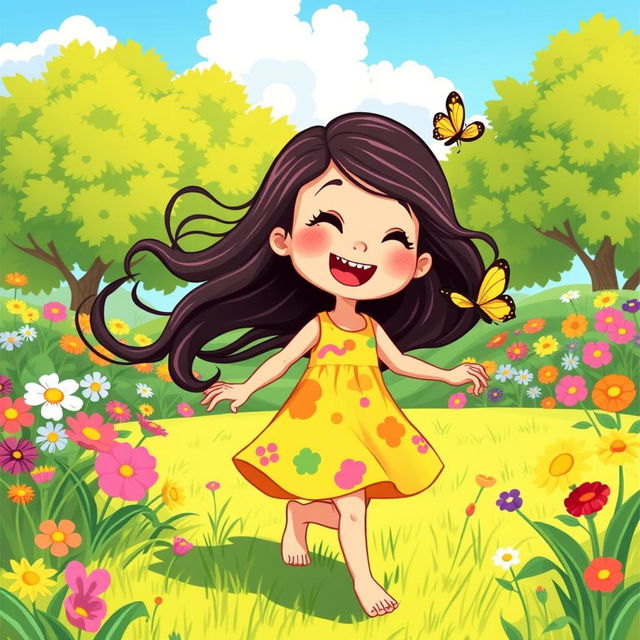 A colorful and vibrant illustration of a cheerful and playful young girl enjoying a sunny day in a beautiful garden filled with flowers