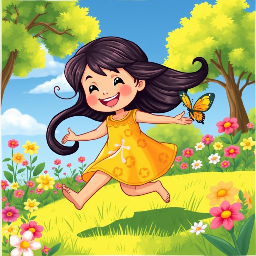 A colorful and vibrant illustration of a cheerful and playful young girl enjoying a sunny day in a beautiful garden filled with flowers