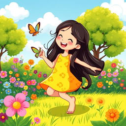 A colorful and vibrant illustration of a cheerful and playful young girl enjoying a sunny day in a beautiful garden filled with flowers