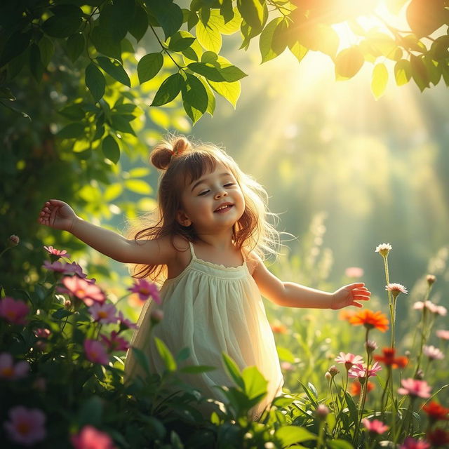 A serene and peaceful scene of a young girl playful in nature, surrounded by lush greenery and vibrant flowers, capturing the essence of innocence and childhood joy