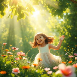 A serene and peaceful scene of a young girl playful in nature, surrounded by lush greenery and vibrant flowers, capturing the essence of innocence and childhood joy