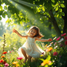 A serene and peaceful scene of a young girl playful in nature, surrounded by lush greenery and vibrant flowers, capturing the essence of innocence and childhood joy