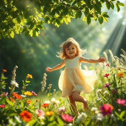 A serene and peaceful scene of a young girl playful in nature, surrounded by lush greenery and vibrant flowers, capturing the essence of innocence and childhood joy