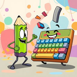 A whimsical cartoon scene depicting a vibrant green pencil and a colorful keyboard engaged in a playful battle
