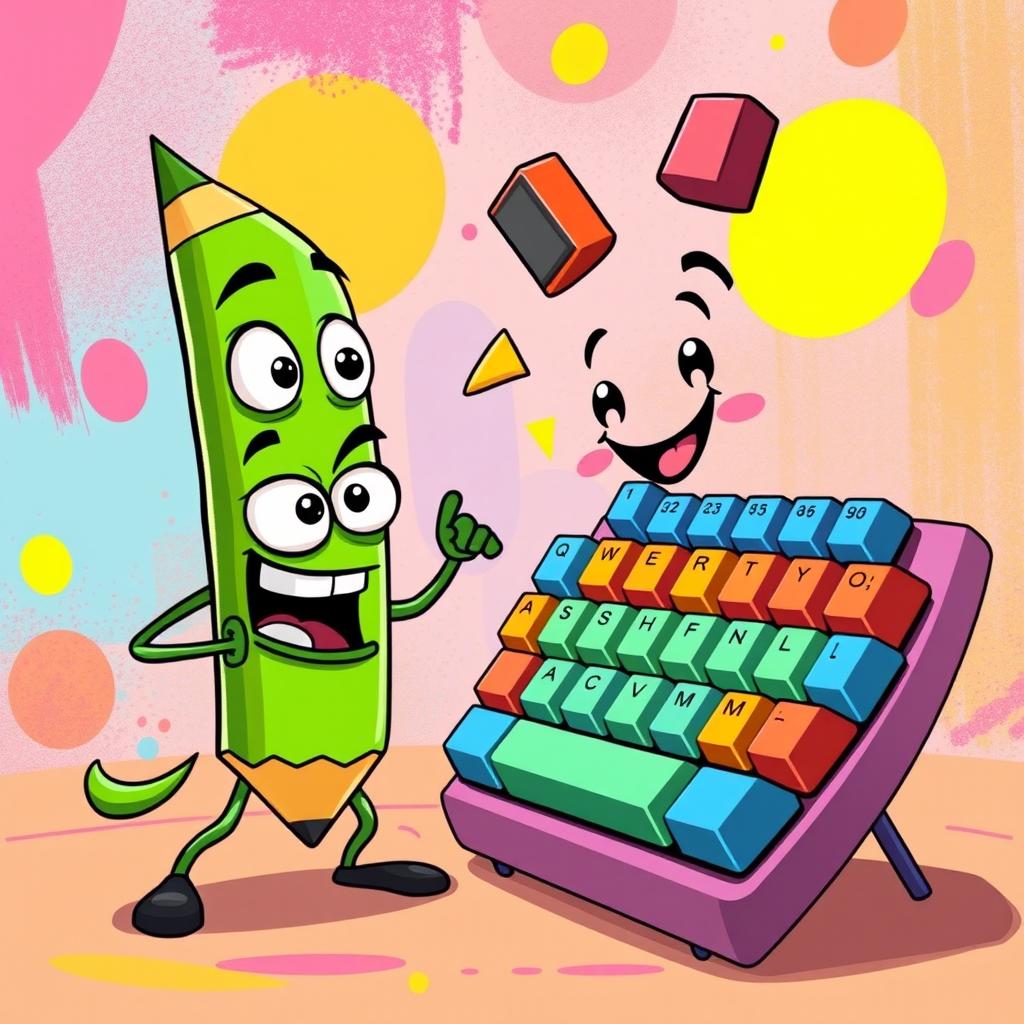 A whimsical cartoon scene depicting a vibrant green pencil and a colorful keyboard engaged in a playful battle