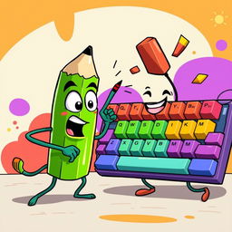A whimsical cartoon scene depicting a vibrant green pencil and a colorful keyboard engaged in a playful battle