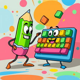 A whimsical cartoon scene depicting a vibrant green pencil and a colorful keyboard engaged in a playful battle