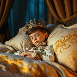 A young prince peacefully sleeping in a luxurious bed, adorned with an ornate crown and dressed in an elegant royal outfit