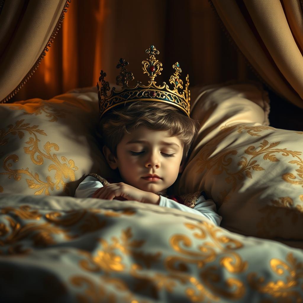A young prince peacefully sleeping in a luxurious bed, adorned with an ornate crown and dressed in an elegant royal outfit