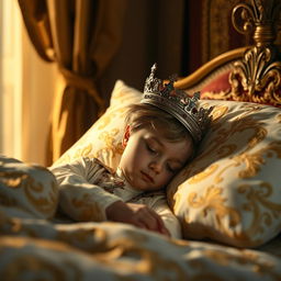 A young prince peacefully sleeping in a luxurious bed, adorned with an ornate crown and dressed in an elegant royal outfit