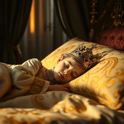 A young prince peacefully sleeping in a luxurious bed, adorned with an ornate crown and dressed in an elegant royal outfit