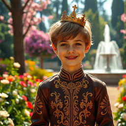 A young prince standing regally in a lush, vibrant royal garden