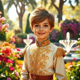 A young prince standing regally in a lush, vibrant royal garden