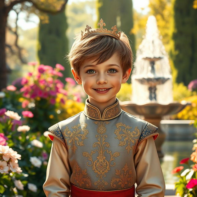 A young prince standing regally in a lush, vibrant royal garden