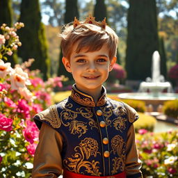A young prince standing regally in a lush, vibrant royal garden