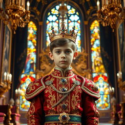 A young prince standing confidently in an opulent throne room, wearing a richly decorated royal outfit with intricate patterns and vibrant colors