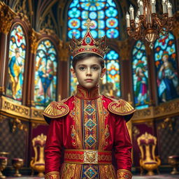 A young prince standing confidently in an opulent throne room, wearing a richly decorated royal outfit with intricate patterns and vibrant colors