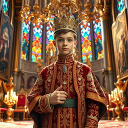 A young prince standing confidently in an opulent throne room, wearing a richly decorated royal outfit with intricate patterns and vibrant colors