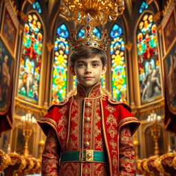 A young prince standing confidently in an opulent throne room, wearing a richly decorated royal outfit with intricate patterns and vibrant colors