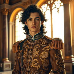 A regal portrait of a young, handsome prince standing in an opulent, historic palace