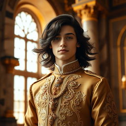 A regal portrait of a young, handsome prince standing in an opulent, historic palace
