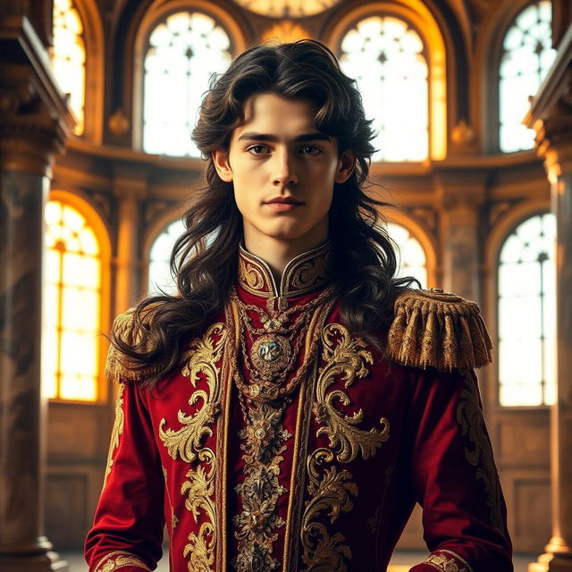 A regal portrait of a young, handsome prince standing in an opulent, historic palace