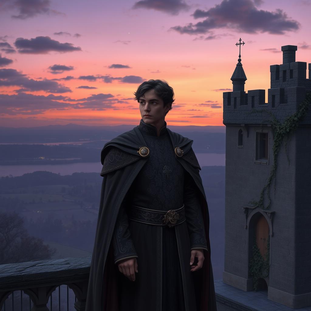 A melancholic prince standing alone on a castle balcony, gazing out at a twilight landscape