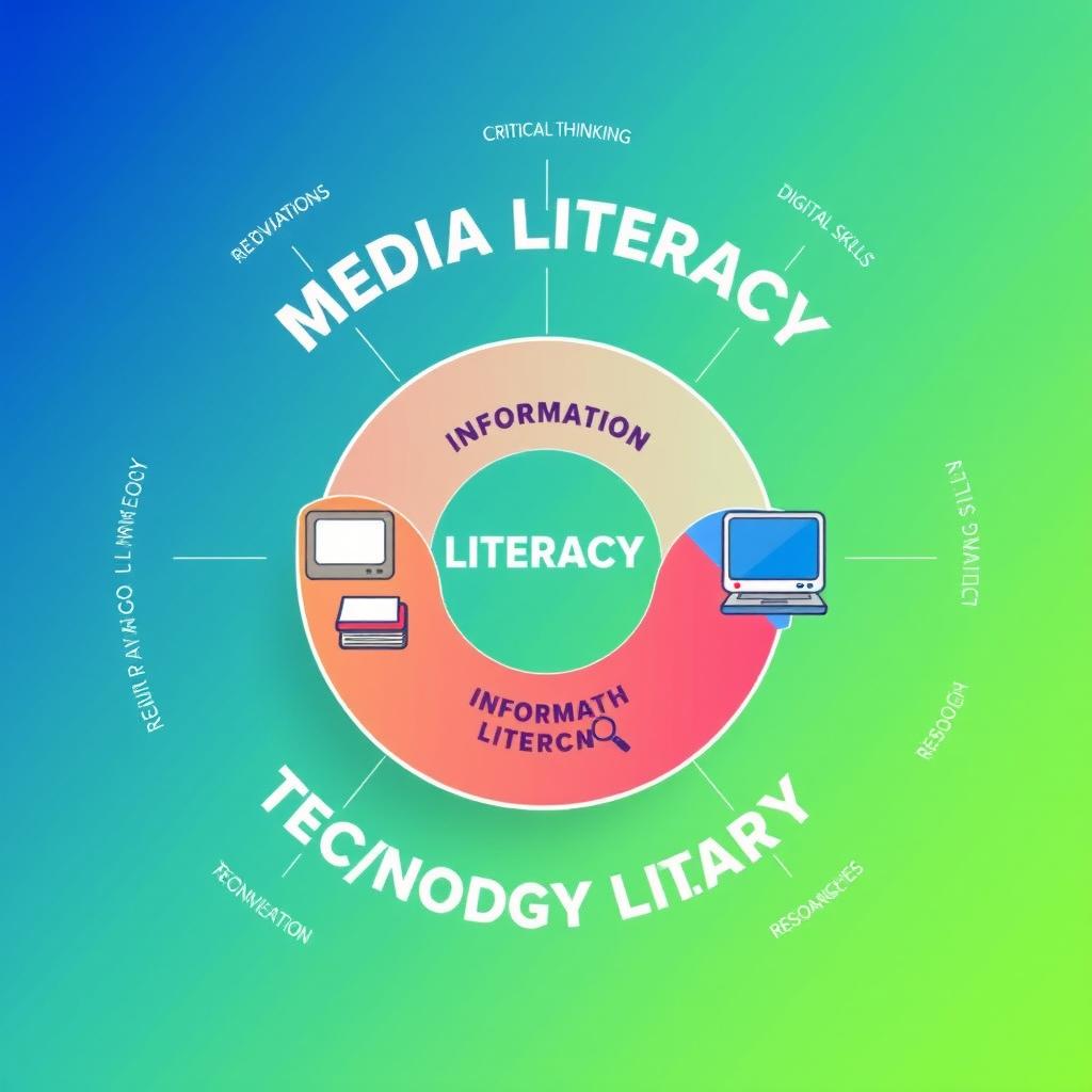 A vibrant and informative digital poster illustrating the interconnection of Media Literacy, Information Literacy, and Technology Literacy