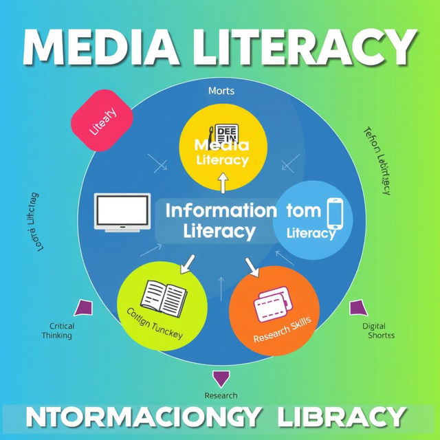 A vibrant and informative digital poster illustrating the interconnection of Media Literacy, Information Literacy, and Technology Literacy