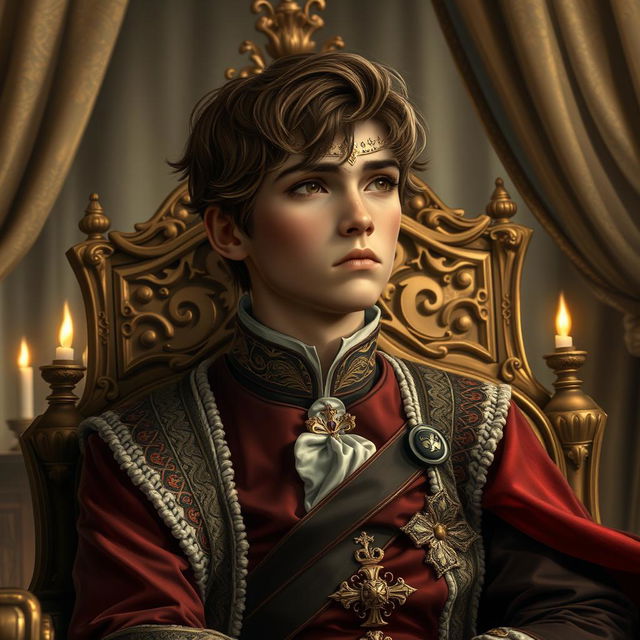 A young prince, looking somber and introspective, wearing a finely detailed royal outfit with rich colors, sitting on a grand throne in a beautifully ornate castle