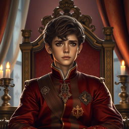 A young prince, looking somber and introspective, wearing a finely detailed royal outfit with rich colors, sitting on a grand throne in a beautifully ornate castle