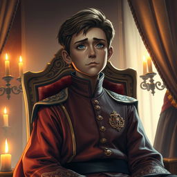 A young prince, looking somber and introspective, wearing a finely detailed royal outfit with rich colors, sitting on a grand throne in a beautifully ornate castle