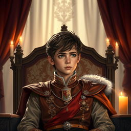 A young prince, looking somber and introspective, wearing a finely detailed royal outfit with rich colors, sitting on a grand throne in a beautifully ornate castle