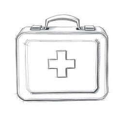 A detailed pencil sketch of a black and white first aid kit, showcasing marked reliefs and shadows to create depth