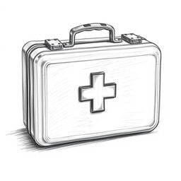 A detailed pencil sketch of a black and white first aid kit, showcasing marked reliefs and shadows to create depth