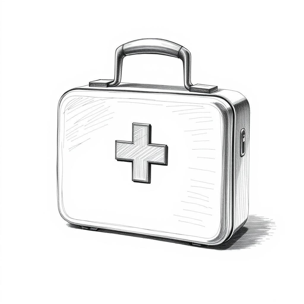A detailed pencil sketch of a black and white first aid kit, showcasing marked reliefs and shadows to create depth