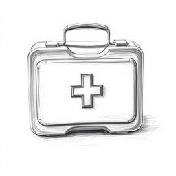 A detailed pencil sketch of a black and white first aid kit, showcasing marked reliefs and shadows to create depth