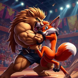 A dynamic high-energy scene featuring two anthropomorphic animal fighters in an intense neck wrestling match
