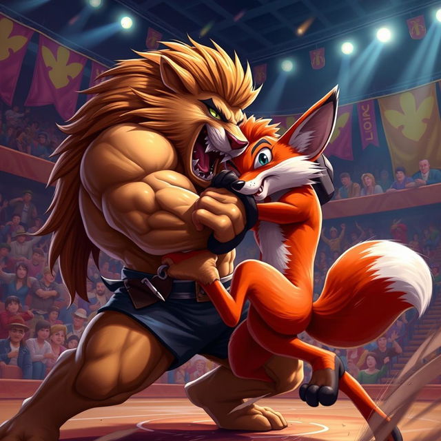 A dynamic high-energy scene featuring two anthropomorphic animal fighters in an intense neck wrestling match