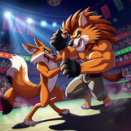 A dynamic high-energy scene featuring two anthropomorphic animal fighters in an intense neck wrestling match