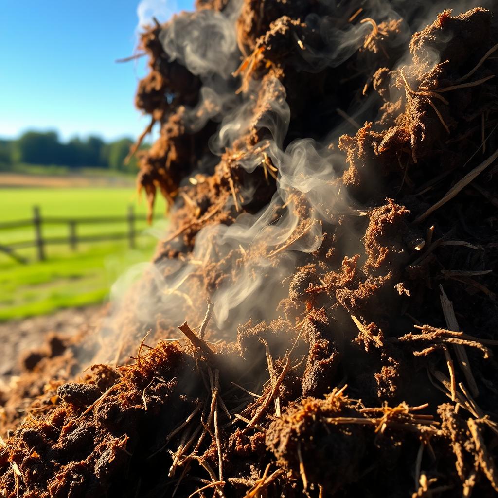 A close-up shot of a steaming pile of fresh horse manure, showcasing rich brown and dark earthy tones